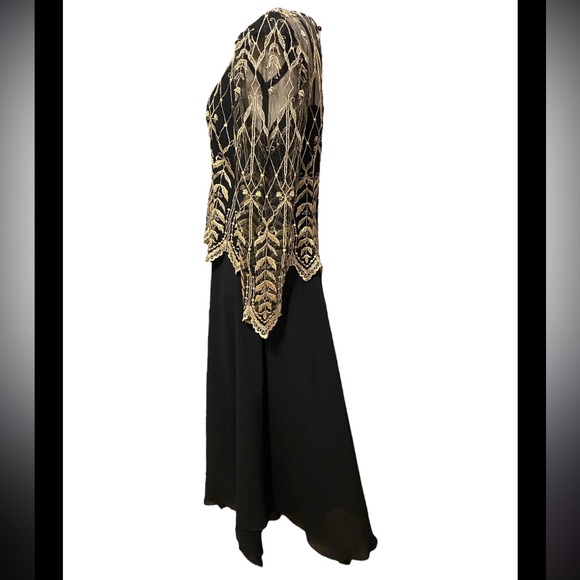 Vtg 90s Cachet Gold Embroidered Lace Black Chiffon Midi Dress - Picture 6 of 13